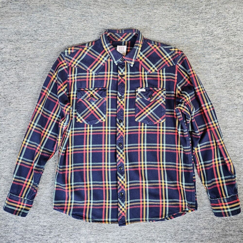 Topo Designs Shirt Men's XL Blue Plaid Flannel Button Up Long Sleeve Outdoor EUC